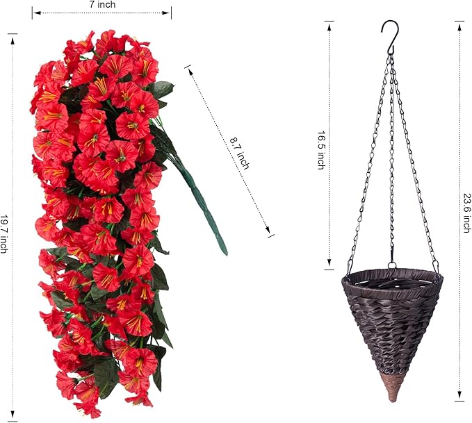 HyeFlora Artificial Fake Red Hanging Flowers Plants Baskets for Outdoor Winter Christmas, Faux Silk UV Resistant Look Real Morning Glory Vines for Outside Porch Patio Balcony Garden Yard Home Decor