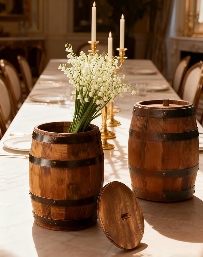 Wood Wine Barrel Vase 6" x 5" – Mini Barrel Rustic Wooden Flower Vase Planter for Wedding Reception, Party Table Decoration,Home Indoor Outdoor Garden, Kitchen,Planting-2pcs (2)