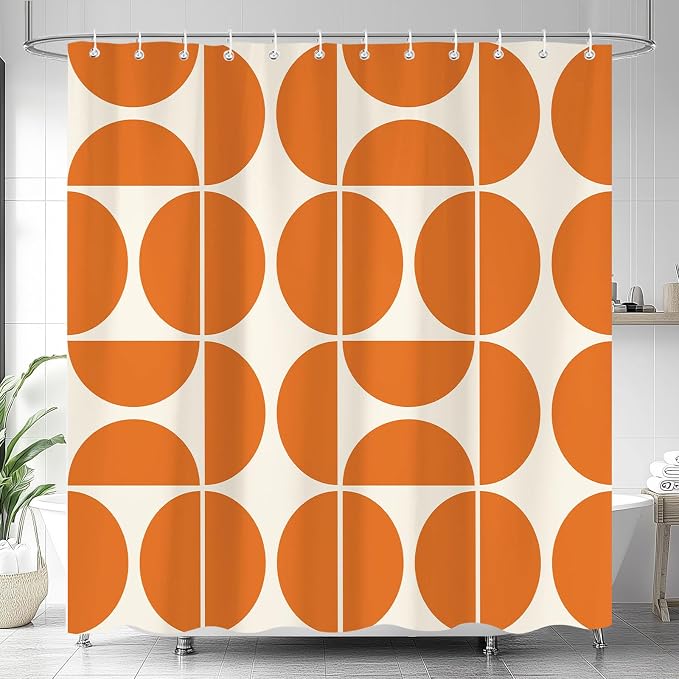 Orange Mid Century Modern Shower Curtain, Boho Abstract Geometric Retro Art Bath Curtains For Bathroom, Colorful Unique Pattern Waterproof Polyester Fabric Bathroom Accessories Set 12 Hooks 60X72IN
