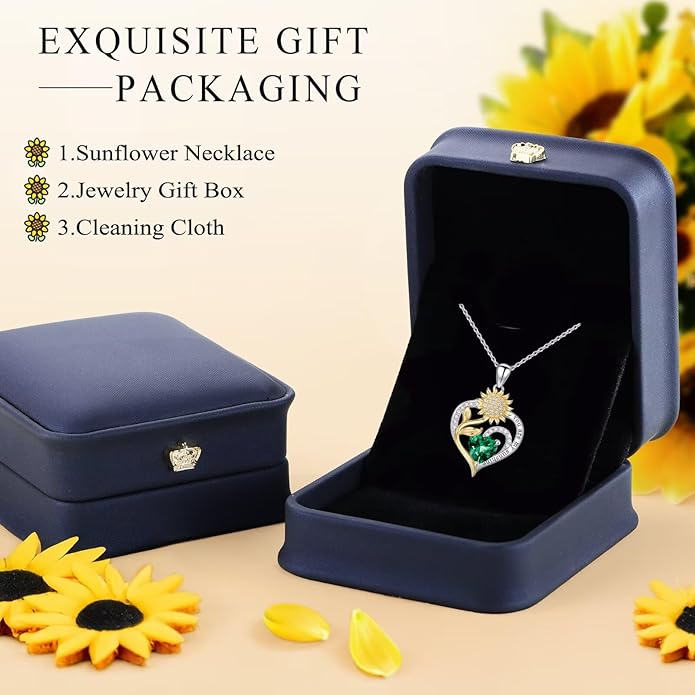 Iefil Christmas Gifts for Women Wife - Sunflower Birthstone Necklace for Women, Anniversary Birthday Gifts 925 Sterling Silver Heart Pendant You Are My Sunshine Jewelry for Girlfriend Mom Daughter