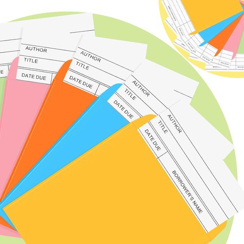 Library Pocket Envelopes by [Brand Name] - 200 Pcs with 100 Self-Adhesive Envelopes & 100 Checkout Cards | Colorful Design