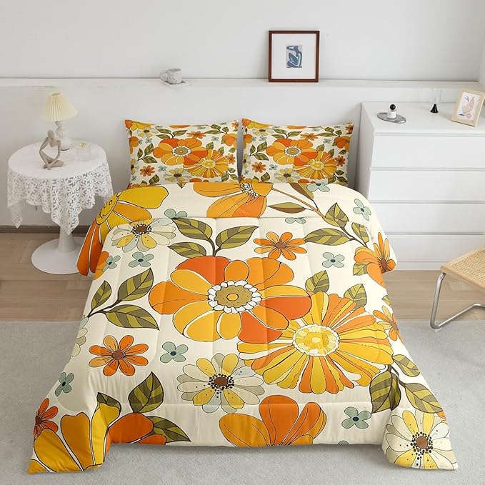 Castle Fairy Retro Flowers Bedding Set King Size,Watercolor Yellow Floral Green Leaves Plant Comforter Set Room Decor for Couple,70s Trippy Daisy Microfiber Down Comforter,2 Pillowcases
