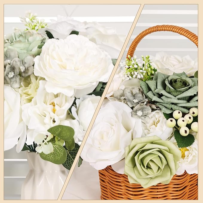 Artificial Flowers Combo Box Set Fake Flowers Dahlia White Roses Green Leaf with Stems for DIY Wedding Bouquets Baby Shower Party Home Decoration