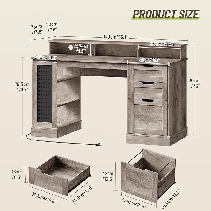 55-Inch Farmhouse Executive Desk with 2 Drawers and File Cabinet, Computer Desk with 3-Tier Storage Shelves, Home Office Desk with Charging Station, Pegboard and Monitor Shelf, Gray