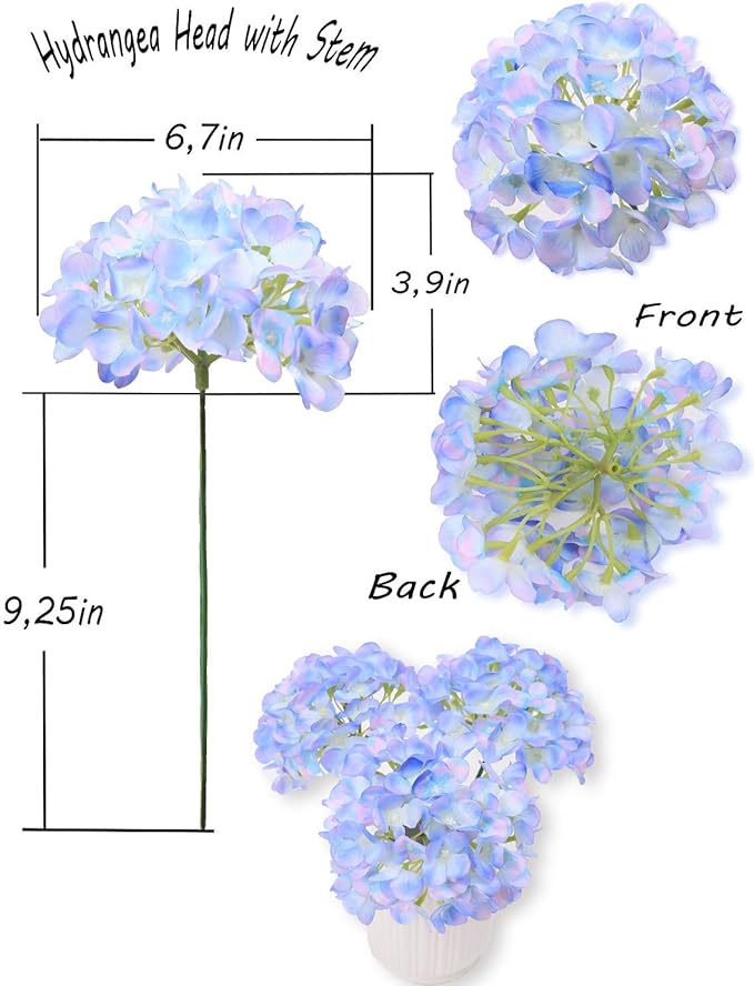 10PCS Silk Hydrangea Heads with Stems Artificial Flowers for Wedding Party Home Decor (Blue & Pink)