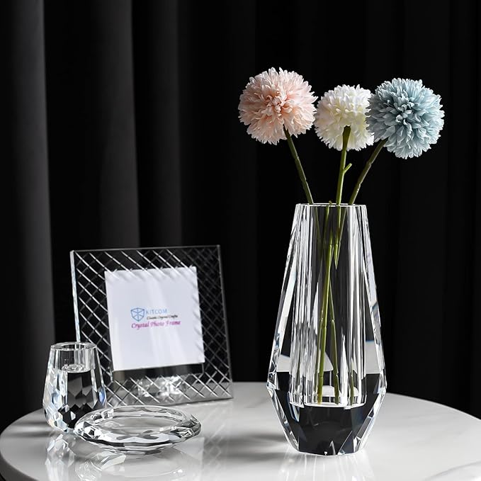 kitCom Modern Crystal Vase, 7 x 4 Inches, Transparent, Oval, Love, Glossy Finish, Arranges Flowers, Handmade, Multi-faceted, Secure Packaging, Half-Year Warranty, Luxury Gift