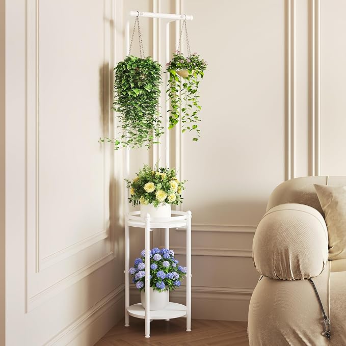 Homsorout Plant Stand Indoor Outdoor - Heavy Duty Metal 2-tier Hanging Plant Holder Space-Saving Iron Plant Stands Tall Plant Shelf for Living Room Garden Balcony (White)