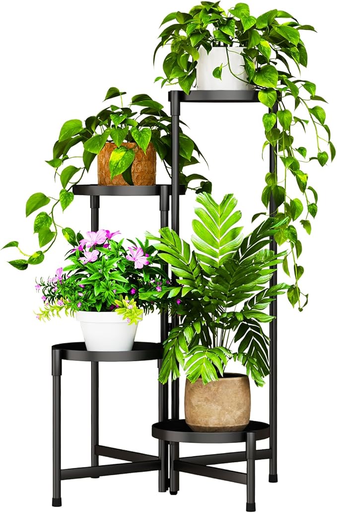 Plant Stand Indoor Outdoor, 4 Tier Corner Metal Flower Display Holder Shelf, Folding Tall Orchid Rack for Patio Balcony Porch Garden Living Room House, Black