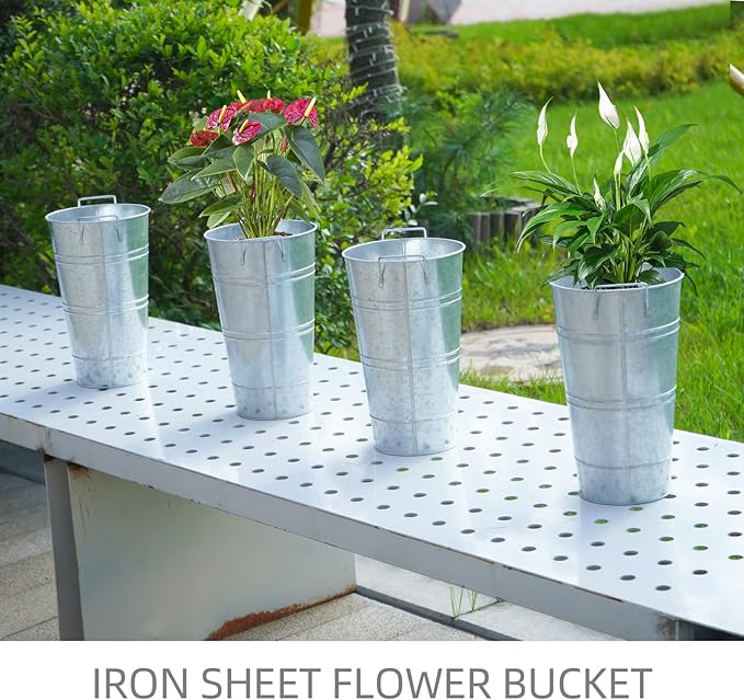 Notakia 8 Pcs 12 Inch Large Galvanized Metal Vases Farmhouse French Flower Bucket Vases for Cut Flowers for Home Decor and Wedding Table Centerpiece Decorations (Large Silver)