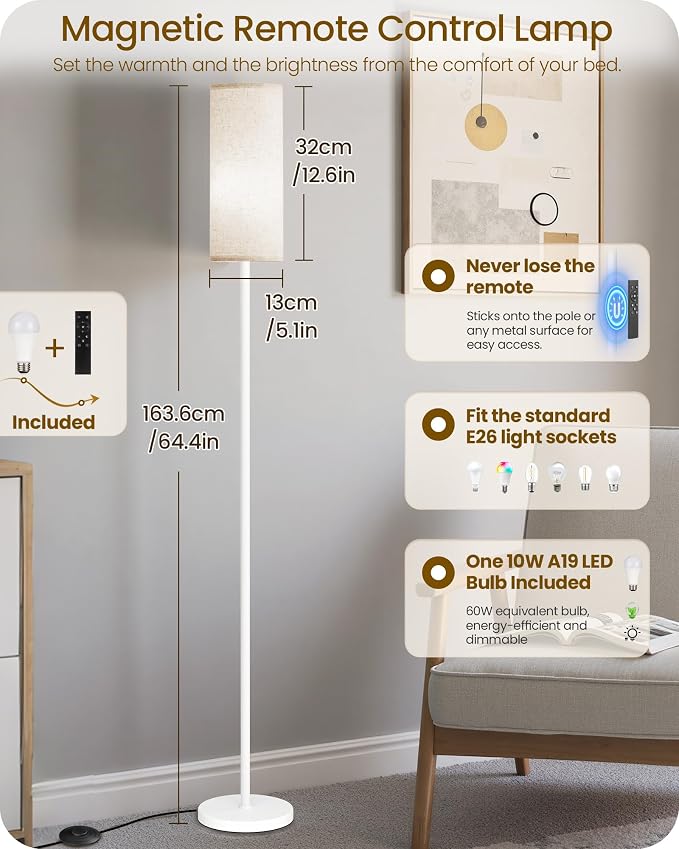 Dimmable Floor Lamps for Living Room with Remote and Foot Switch, 64.4” Modern Standing Tall Lamp, Corner Lamp for Bedroom, Office, Bulb Included, 3000K-6500K, Beige and White, FCC Listed WE06LD05W1