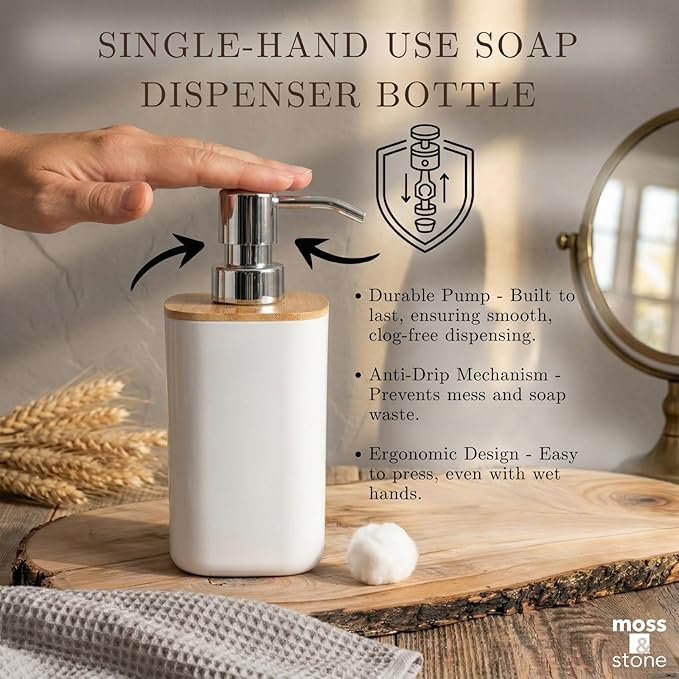 Moss & Stone 6-Piece Bathroom Accessories Set – White Plastic and Bamboo Bathroom Set with Soap Dispenser, Toothbrush Holder, Cup & Soap Dish – Modern Countertop Bathroom Décor