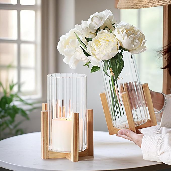 Glass Cylinder Vase with Wood Base,Bud Vase for Centerpieces,8 Inches Clear Ribbed Flower Vase,Tall Glass vase Hurricane Candle Holder,Wooden Vase Decorative for Home Decor,Wedding,Housewarming Gift
