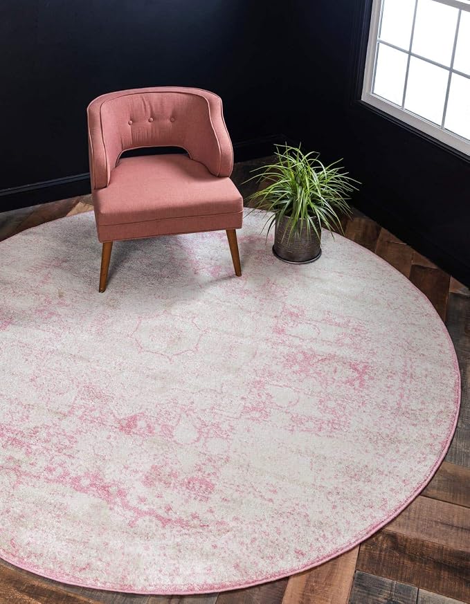 Unique Loom Bromley Collection Area Rug - Wells (8' Round, Pink/ Ivory)