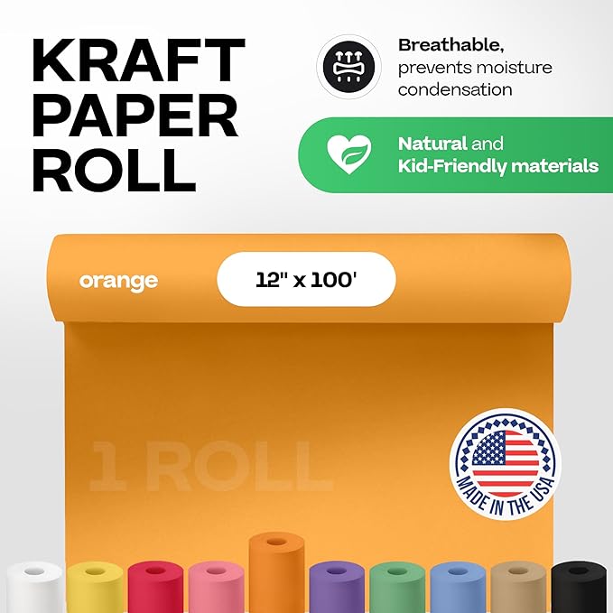 12" x 1200" (100 ft) Orange Kraft Paper Roll - USA-Made Quality Orange Craft Paper for Gift Wrapping, Kids' Arts & Crafts, School Projects - Natural Material 50lb Thickness by IDL Packaging