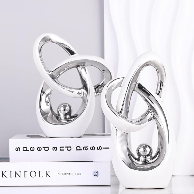 White Silver Modern Abstract Art Home Accent, Statues Coffee Table Decor, Table Centerpieces for Dining Room, Ceramic Sculptures and Gold Knick Knacks for TV Stand Decor
