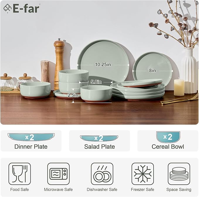 E-far 6-Piece Stoneware Dinnerware Sets, Plates and Bowls Sets for 2, Ceramic Dishware Dishes Set with Terracotta Base, Chip & Scratch Resistant, Microwave & Dishwasher Safe, Speckled Green