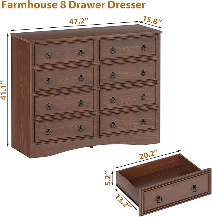 8 Drawer Dresser for Bedroom, Cherry Wood Chest of Drawers, Large Storage for Clothes, Vintage Design, for Living Room, Bedroom, Hallway 47.24W*15.75D* 41.2''H
