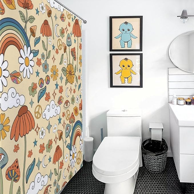 70s Mushroom Shower Curtain, Retro Groovy Hippie Funky Boho Rustic Cute Vintage Colorful Botanical Plants Pattern Orange Waterproof Fabric Bathroom Shower Curtain Set with Hooks, 72"x84" Inch