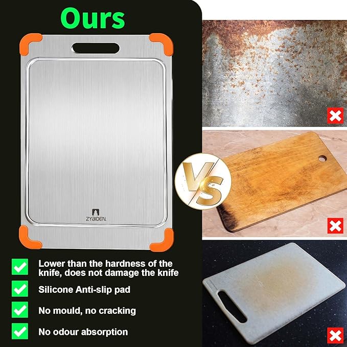 100% Pure Titanium Cutting Board with Grooves, Update Double Side Titanium Chopping Board, Silicone Anti-slip Stainless Cutting Boards for Kitchen 9 * 13 IN, Orange