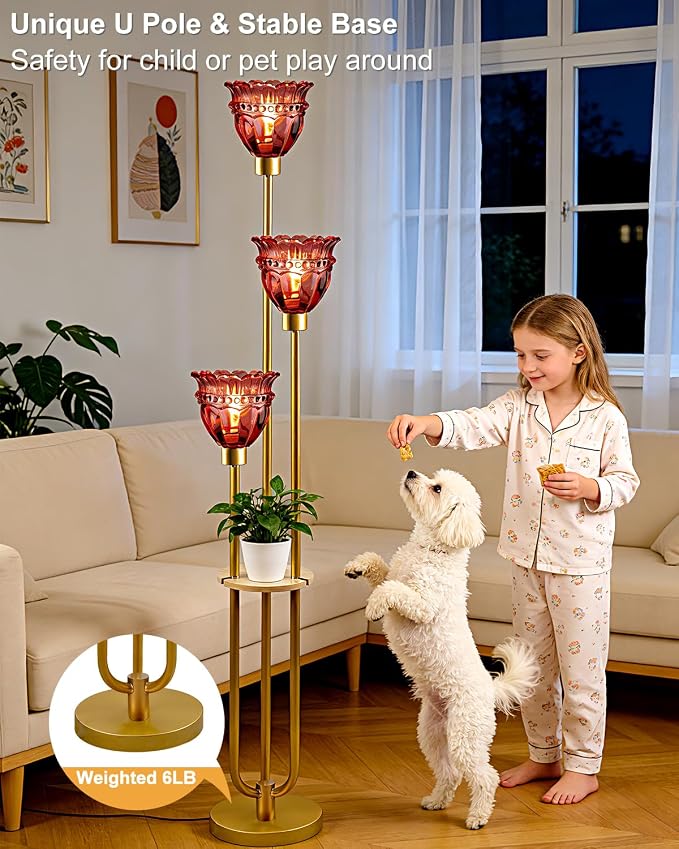 Lightdot Glass Floor Lamp with 5Lbs Heavy Base for Living Room Modern Gold Floor Lamp with Rose Red Glass Shade & 3000K Bulbs Included Tall Standing Lamp with Foot Switch for Sofa Beside/Corner Decor