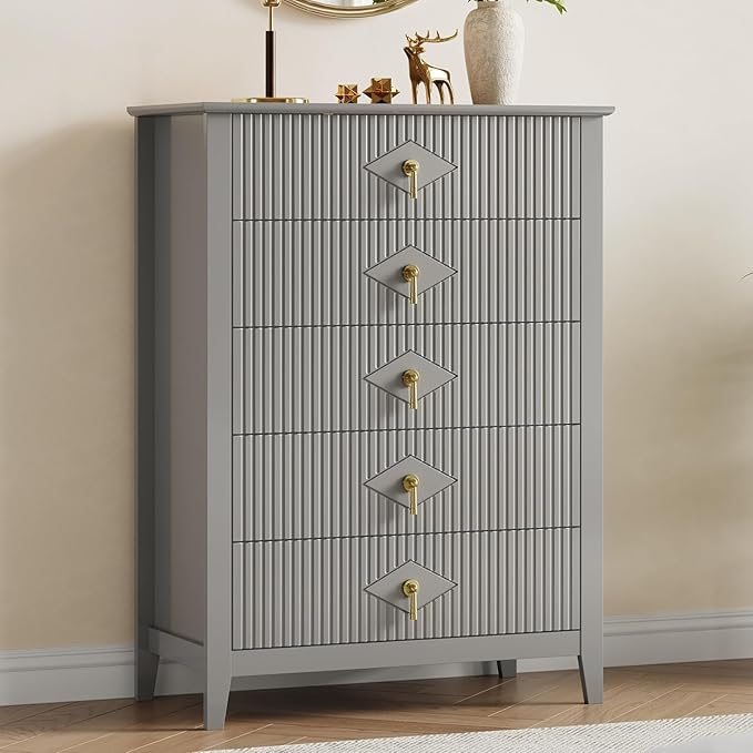 GarveeHome Fluted Dresser for Bedroom, 42.9" Tall 5-Drawer Wood Dresser, Modern Chest of Drawers, Storage Organizer Cabinet for Living Room, Hallway, Entryway, Grey