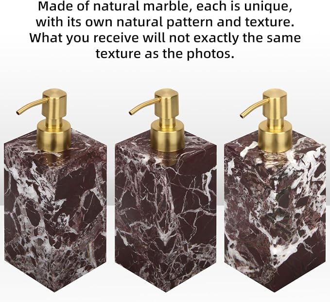 Natural Marble Soap Dispenser for Bathroom and Kitchen Countertop - 5.41 Ounces Hand Lotion and Liquid Stone Shampoo Laundry Bottle with Pump (1, Rosso Lepanto, Rectangular Bottle)