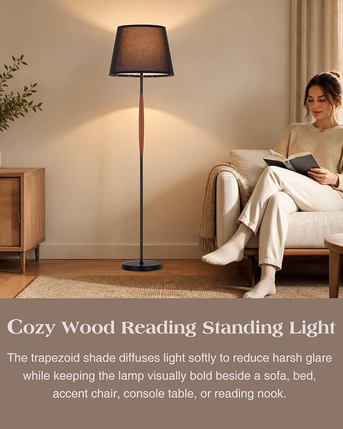 ELYONA Mid Century Modern Floor Lamp, Solid Wood Reading Standing Lamp with Black Linen Fabric Shade, Vintage Corner Light for Living Room Bedroom Office 3 Color Temperatures 9W Bulbs Included, Walnut