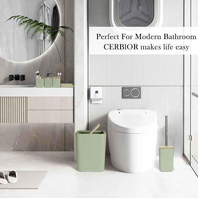 CERBIOR Bathroom Accessories Set 6 Piece Bamboo Bath Ensemble Includes Soap Dispenser, Toothbrush Holder, Toothbrush Cup, Soap Dish for Decorative Countertop and Housewarming Gift (Green)
