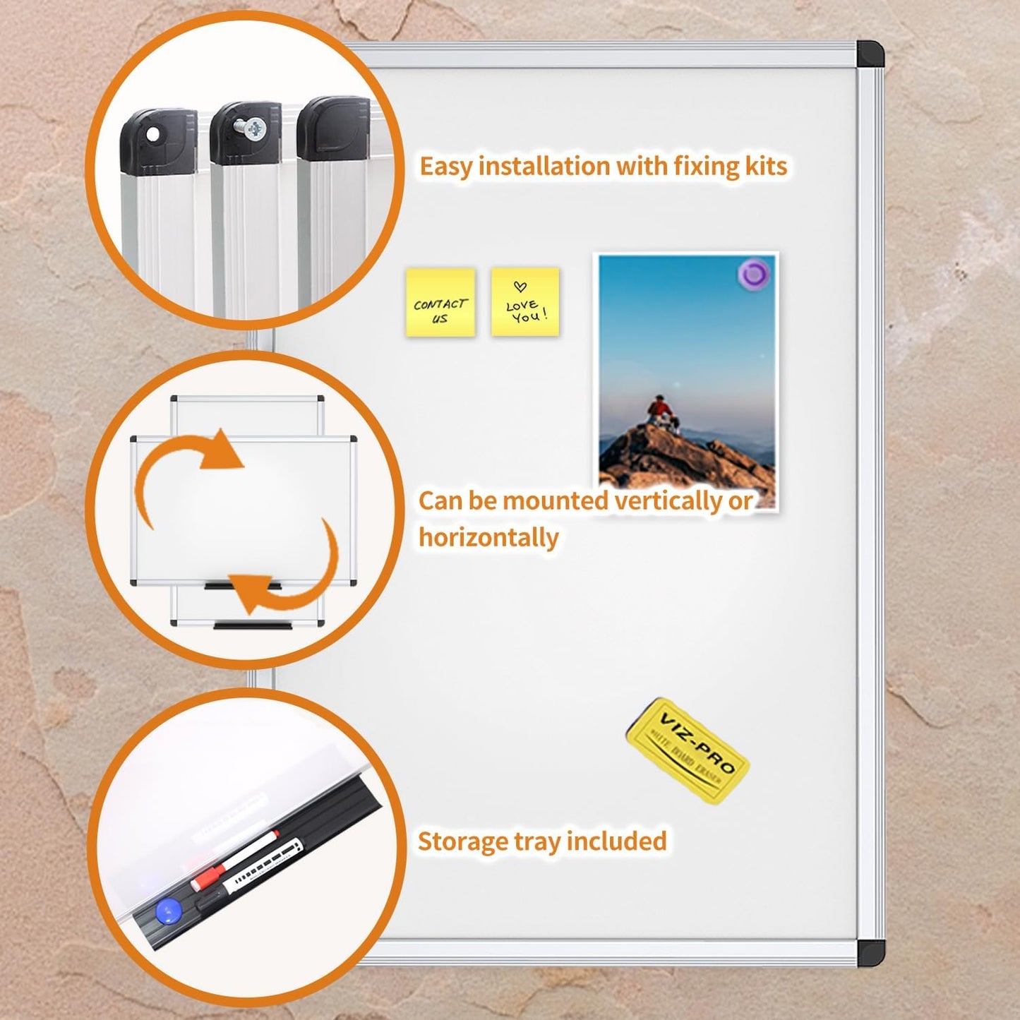 VIZ-PRO Magnetic Dry Erase Board - 36" X 24" with Silver Aluminum Frame & 3 Colored Erasers