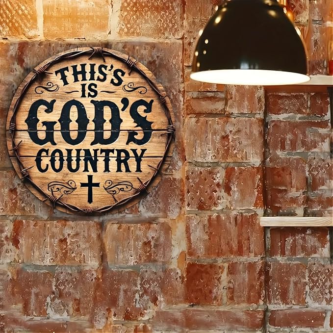 God's Country" Round Metal Wreath Sign - 8x8 Inches, Rust-Proof & Waterproof, Perfect for Home, Office, or Coffee Shop Decor, Bedroom Decoration,Stylish Simple, Perfect for Room Decor