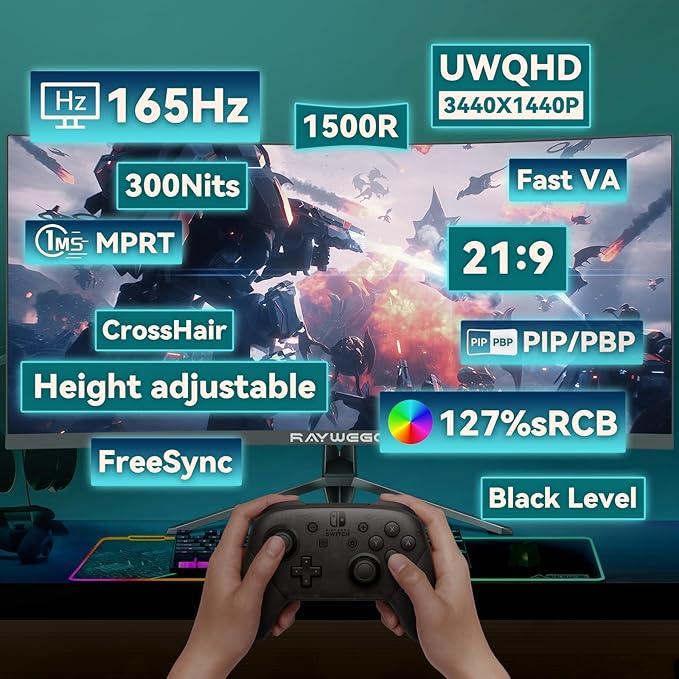 34 inch Ultrawide Curved Computer Gaming Monitor 165Hz UWQHD 3440x1440,1500R -PIP,1ms (MPRT),HDR, 300nits, sRGB99%,FreeSync,HDMI2.0(TMDS) x2,DP1.4 x2,Eye Care,Support Wallmount