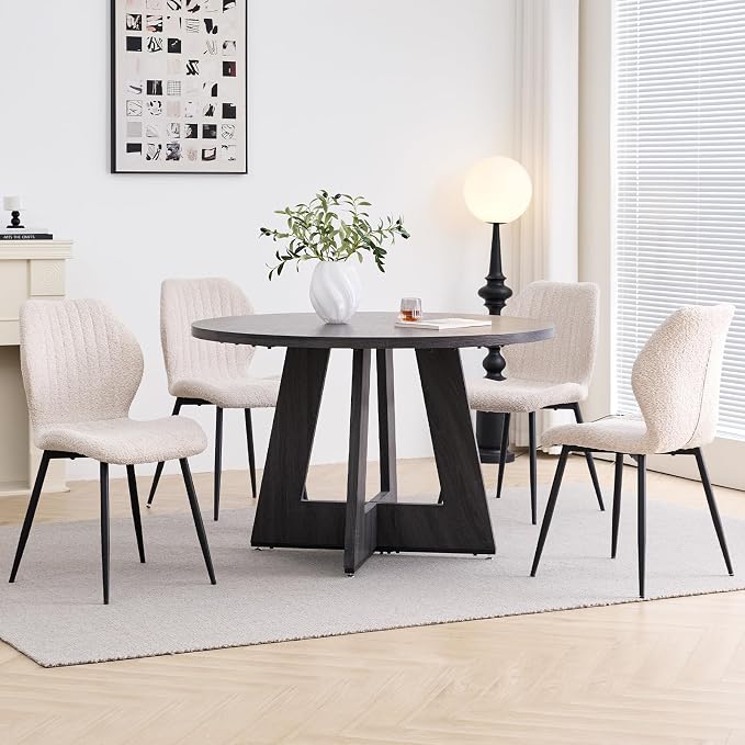 47" Round Dining Table Set for 4 with Chairs Kitchen Table and Chairs Set Mid-Century Modern Chair with Metal Leg for Apartment Living Room(Dark Gray Table with 4 Beige Chairs)