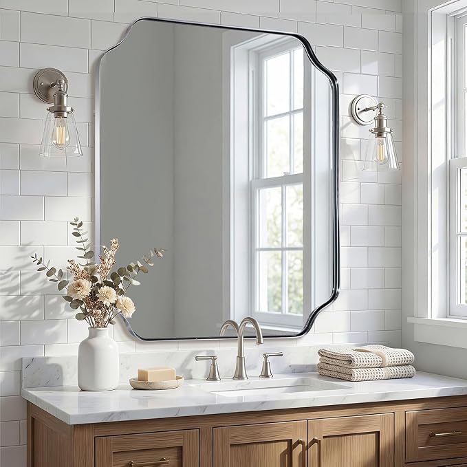 ANDY STAR 36x40 Inch Chrome Bathroom Mirror, Large Scalloped Mirror for Wall, Modern Polished Nickel Mirror in Anti-Rust Stainless Steel Meral Thin Frame, Ideal for Bathroom Remodel