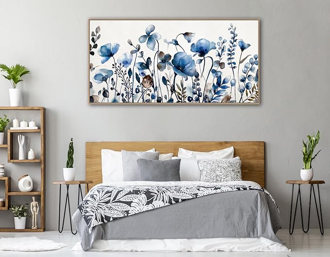 VEAEE Floral Wall Art, Abstract Indigo Flowers Canvas Pictures, Living Room Wall Decor, Modern Landscape Painting, Botanical Grass Artwork for Bedroom Bathroom Kitchen Office Wall Decor 29"x 58"