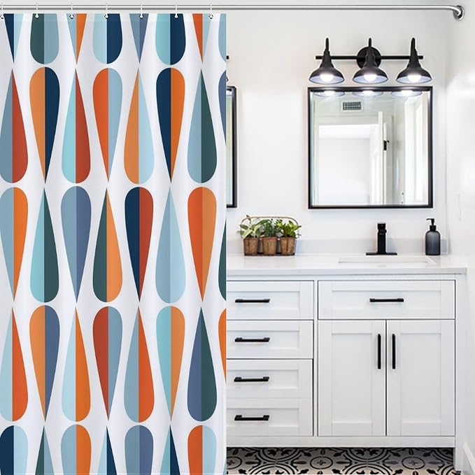 Mid Century Modern Shower Curtain,Abstract Geometric Drop Shapes Art Style Shower Curtains Set for Bathroom Fabric Decorative Bath Curtain Washable Curtain Hooks, 72x72”