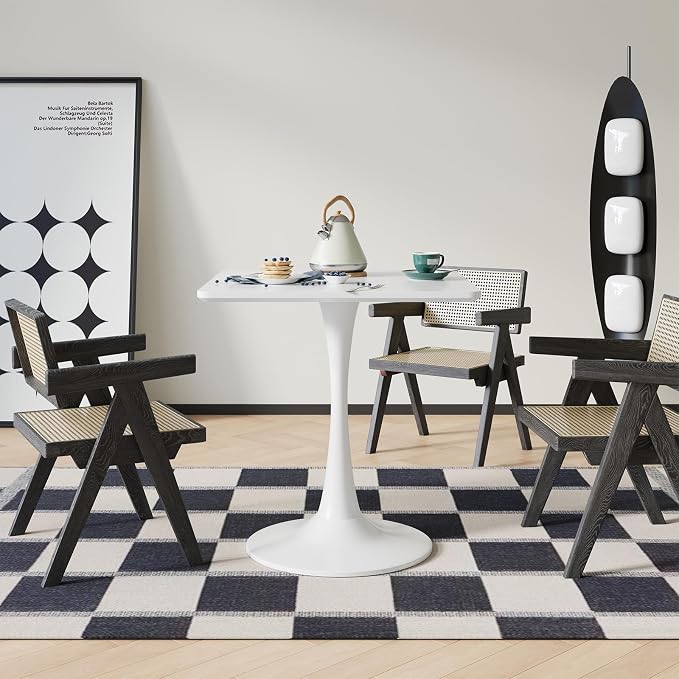 White Square Tulip Table for 2 Person, 24 Inch Small Dining Table with Metal Pedestal Base for Kitchen, Mid Century Modern Table with Round Corners for Living Room, Cafe, Office, Pub, Bar, Bistro