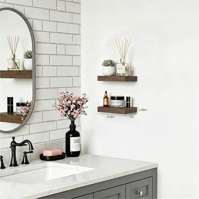 Smoke Gray Floating Shelves for Wall Set of 2, 11.8 Inch Small Wall Shelves for Bathroom Over Toilet, Hallway & Bedroom Storage, Wall Mounted Shelves for Decor, Candles & Small Plants