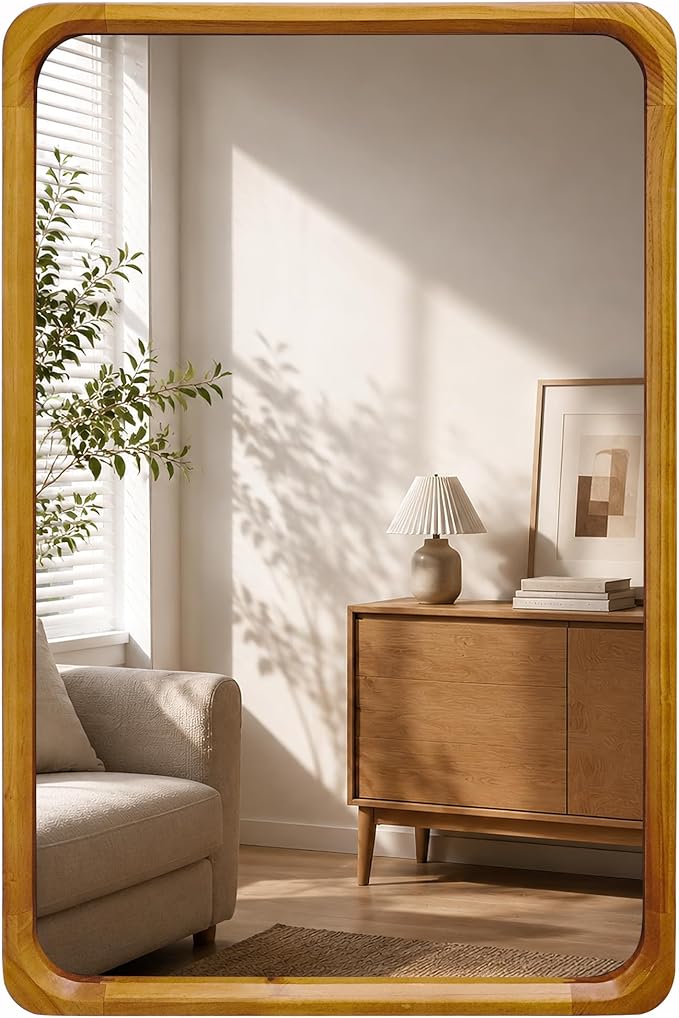 Tanmicoshomy Natural Wood Bathroom Mirror 24 x 36 Inch, Solid Wood Framed Rectangle Mirrors with Tempered Glass for Living Room Bedroom Office or Entryway