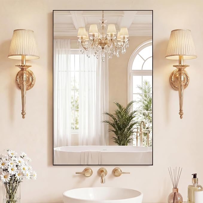 Sweetcrispy Bathroom Mirrors for Over Sink, 24" x 40" Rectangle Wall Mount Mirror with Metal Frame, Modern Vanity Mirror with Tempered Glass, for Home Decor, Anti-Rust, Black