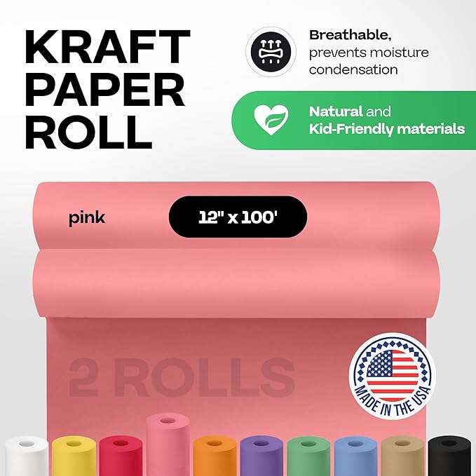 12" x 1200" (100 ft) Pink Kraft Paper Roll, Pack of 2 - USA-Made Quality Craft Paper for Gift Wrapping, Kids' Arts & Crafts, School Projects - 100% Recycled, 50 lb Natural Material by IDL Packaging