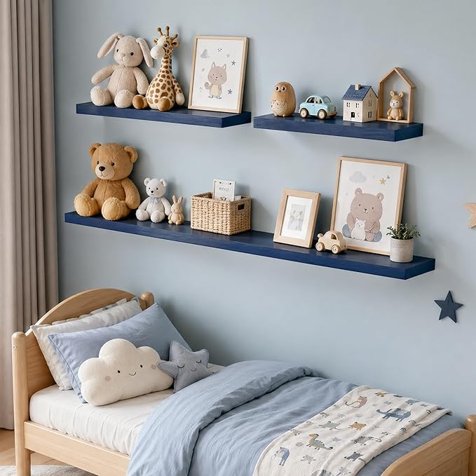 fuqing 20 Inch Floating Shelves | 6.7 Inch Deep Dark Blue Floating Shelves for Wall Set of 2 | 20''W x 6.7''D x 1.4''H Dark Blue Shelves for Living Room Bathroom Bedroom Kitchen Home Office