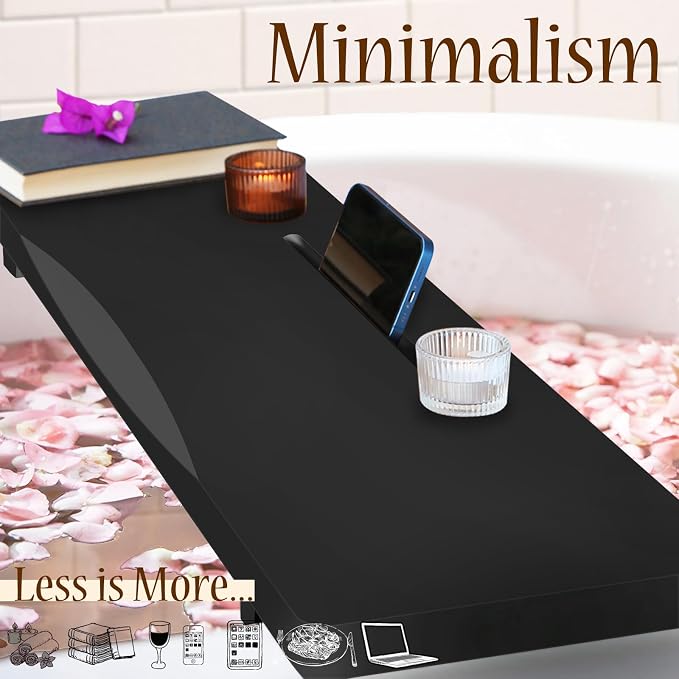 Stylish Black Bamboo Bathtub Tray Caddy with Adjustable Legs, Minimalistic Design Bath Tray for Tub, Bathtub Accessories, Fit Standard and Against Wall Bath Tubs, Gift Idea for Women