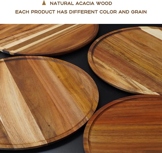 PINXIURY 13.8 Inch Round Wooden Decorative Serving Tray for Coffee Table and Home Decor, Round Wood Tray for Table Centerpiece, Small Candle Tray, Acacia, Appetizer Charcuterie Board