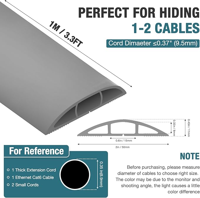 Floor Cord Cover, Cable Protector, 0.63W x 0.31H inches, Wire Cover for Extension Cords, Floor Cable Covers Prevent Cable Trips (Gray, 50-3 Feet)