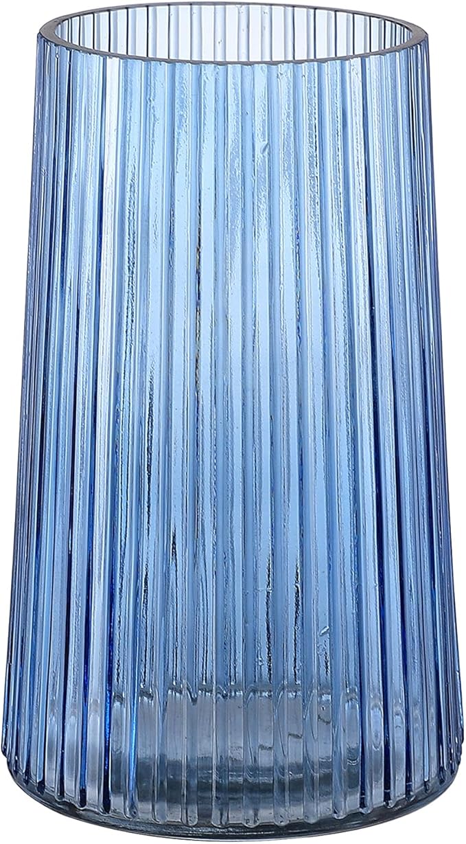 Blue Glass Vase for Flower, Flower Vase for Bouquet, Modern Glass Vases, Ribbed Vases for Living Room, Bedroom, Dining Table, Office, Wedding, Centerpieces, 8 Inches