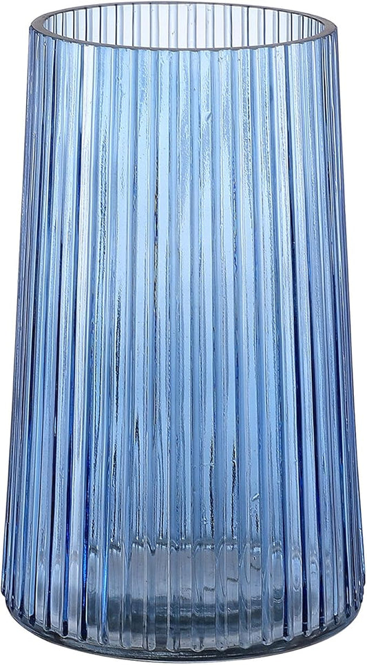 Blue Glass Vase for Flower, Flower Vase for Bouquet, Modern Glass Vases, Ribbed Vases for Living Room, Bedroom, Dining Table, Office, Wedding, Centerpieces, 8 Inches