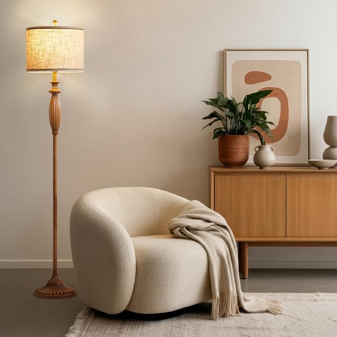 63.8" Vintage Floor Lamp with Rotary Switch, Dimmable Color Temperature Standing Lamp, Retro Farmhouse Floor Lamps for Living Room, Bedroom, Hallway, Office, Room Decor, Light Wood Grain