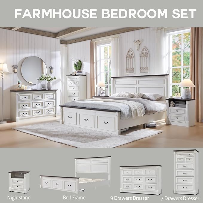 Farmhouse 7 Drawers Dresser for Bedroom, 57" Tall Dressers & Chests of Drawers w/Roman Column, Large Storage Dressers Organizer for Bedroom, Hallway, Living Room, White