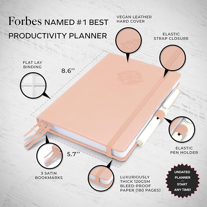 Smart Planner Pro – Undated Daily Planner – Small A5 – Achieve Goals & Increase Productivity – Weekly, Monthly, Work Sections, Organizer Diary with Back Pocket, 3 Satin Bookmarks & Pen Holder
