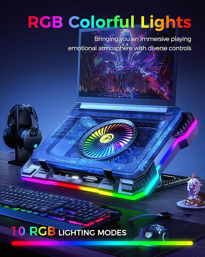 KeiBn Gaming Laptop Cooling Pad, Laptop Fan Cooling Pad with 5.5inch RGB External Fan, Rapid Cooling Laptop 15.6-19.3inch, 8 Height Stands, 2 USB Ports, Phone Holder-K1 5V RGB